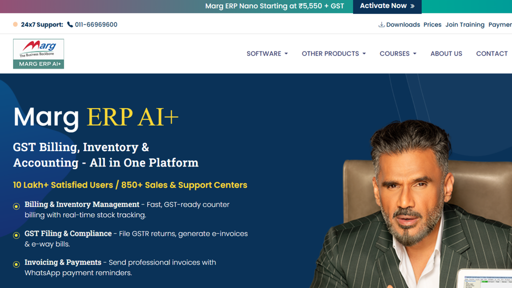 Marg ERP software showing inventory, accounting, GST, batch tracking, expiry management, and multi-location distribution