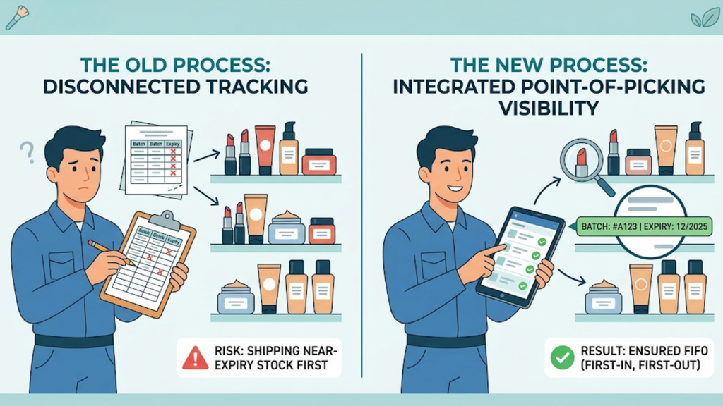 Batch and expiry tracking comparison showing disconnected spreadsheets versus integrated pick-stage visibility for beauty products