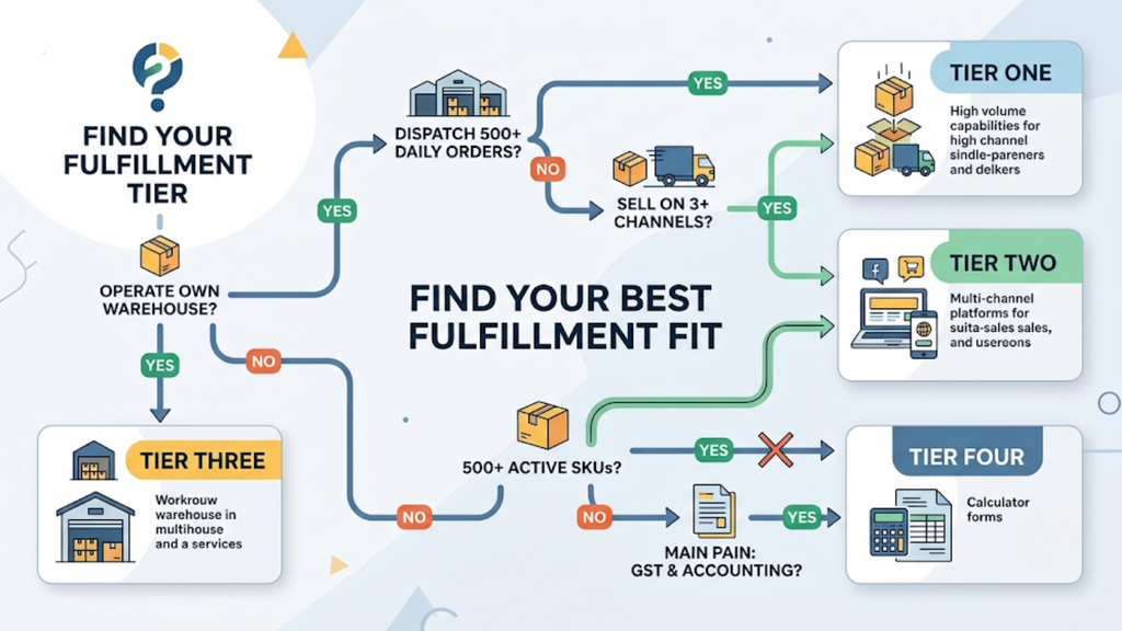 Flowchart helping Indian e-commerce sellers choose the right fulfillment software tier based on warehouse ownership, daily order volume, number of sales channels, active SKUs, and GST accounting needs.