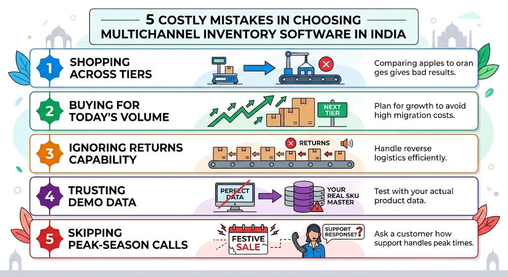 Infographic showing five costly mistakes when choosing multichannel inventory software in India, including comparing different software tiers, ignoring future growth, overlooking returns management, trusting demo data, and skipping peak-season support checks.