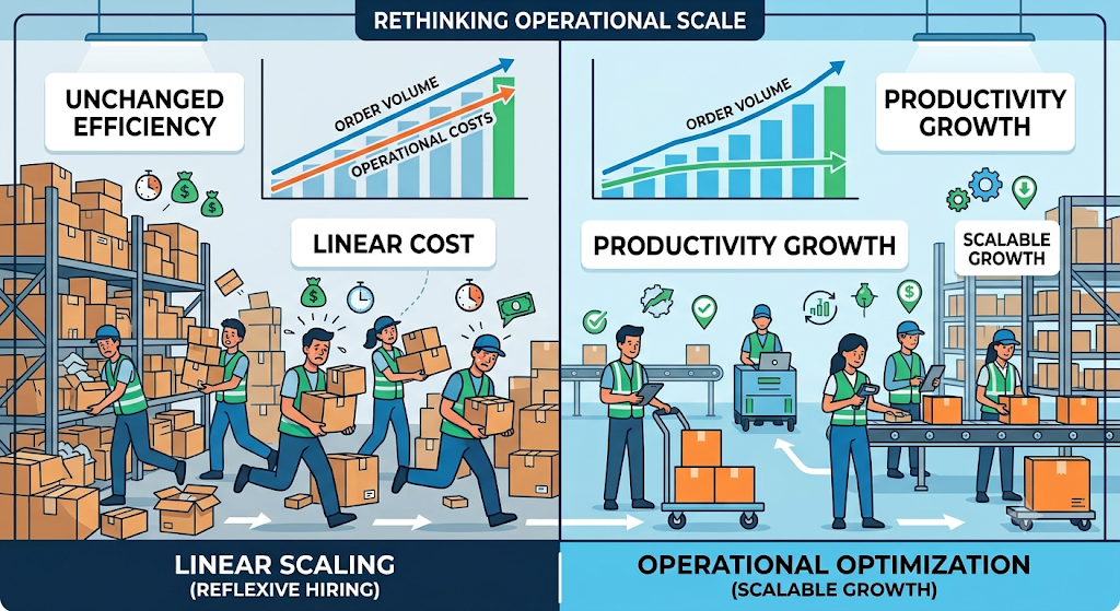 Manual scaling versus operational optimization showing linear warehouse costs compared with productivity growth through automation