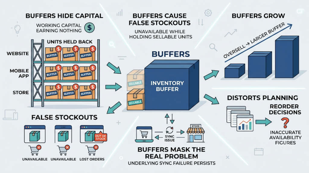 Infographic explaining how inventory buffers tie up capital, create false stockouts and distort inventory planning