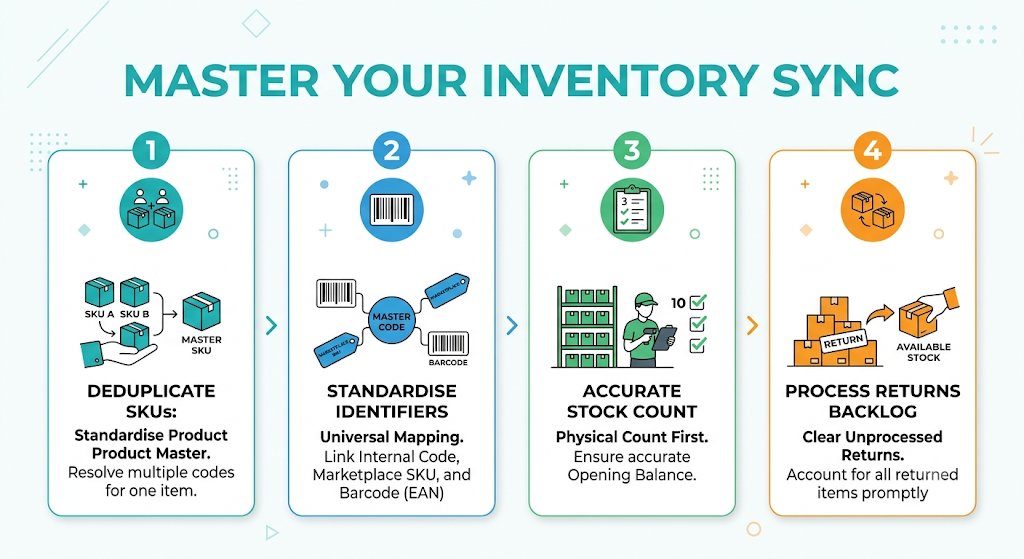 Infographic showing four inventory data cleanup steps before implementing marketplace stock sync software