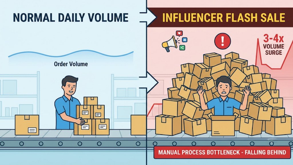 Normal daily order volume compared with an influencer flash sale showing a 3–4x surge overwhelming manual warehouse processes