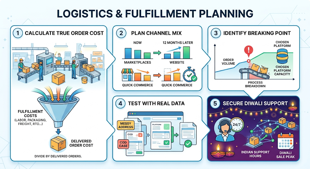 Logistics and fulfilment planning infographic illustrating warehouse operations, inventory distribution, shipping workflows, and delivery coordination for D2C brands.