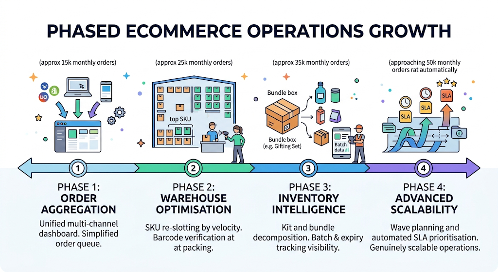 Phased ecommerce operations growth showing order aggregation, warehouse optimization, inventory control, and advanced scalability