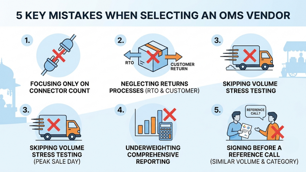 Five key mistakes infographic for selecting an order management system, highlighting common evaluation pitfalls that can affect ecommerce operations and platform suitability.