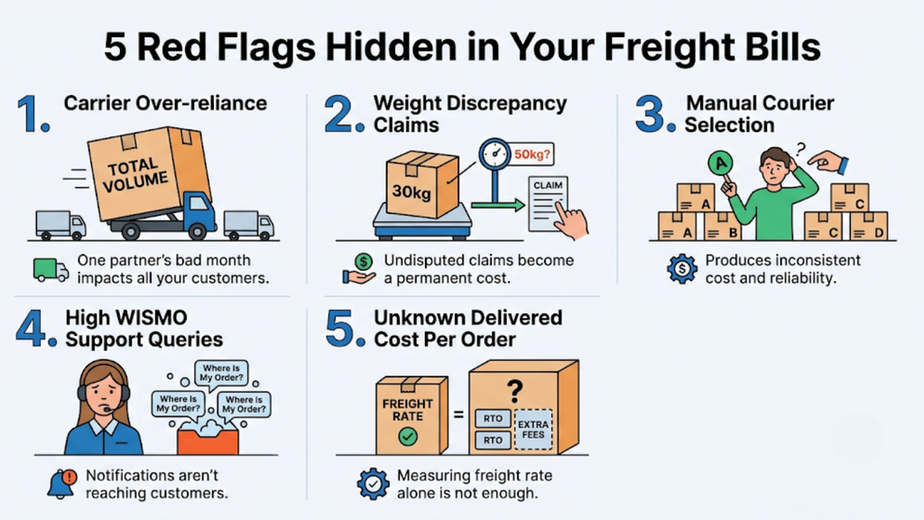 Ecommerce freight bill warning signs infographic showing five shipping cost and operational problems, including carrier dependency, weight disputes, manual courier selection, tracking queries, and unknown delivered cost.