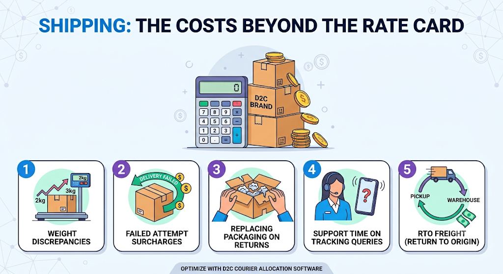 Hidden ecommerce shipping costs infographic highlighting weight discrepancy charges, RTO freight, failed delivery surcharges, return packaging, and customer support costs.