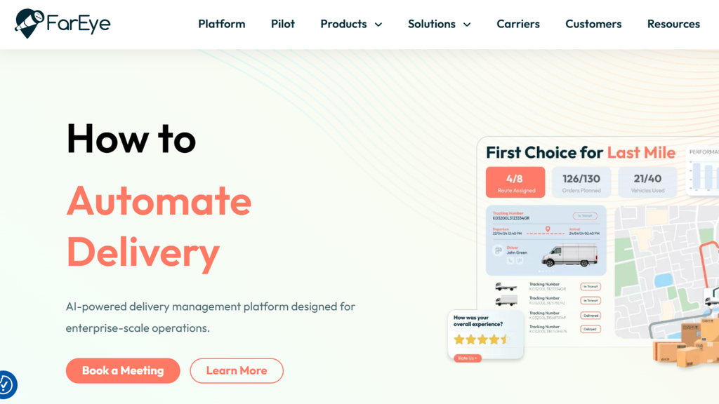 FarEye delivery orchestration platform showing route planning, delivery automation, and shipment visibility across third-party carriers and in-house fleets.