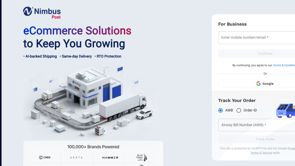 NimbusPost ecommerce shipping platform showing courier aggregation and shipping services for brands delivering orders across metro, tier-two, and tier-three locations.