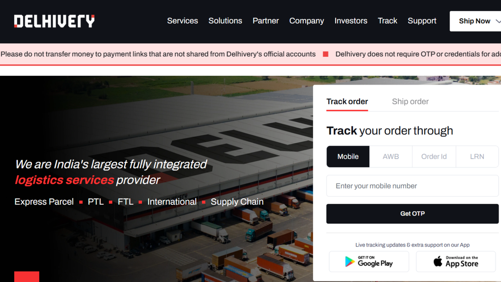 Delhivery logistics platform showing its delivery network, shipping services, and technology for managing pickups, tracking, and nationwide fulfilment.