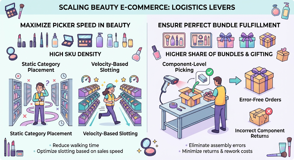 Beauty ecommerce scaling framework showing velocity-based slotting, bundle picking, and component-level inventory management