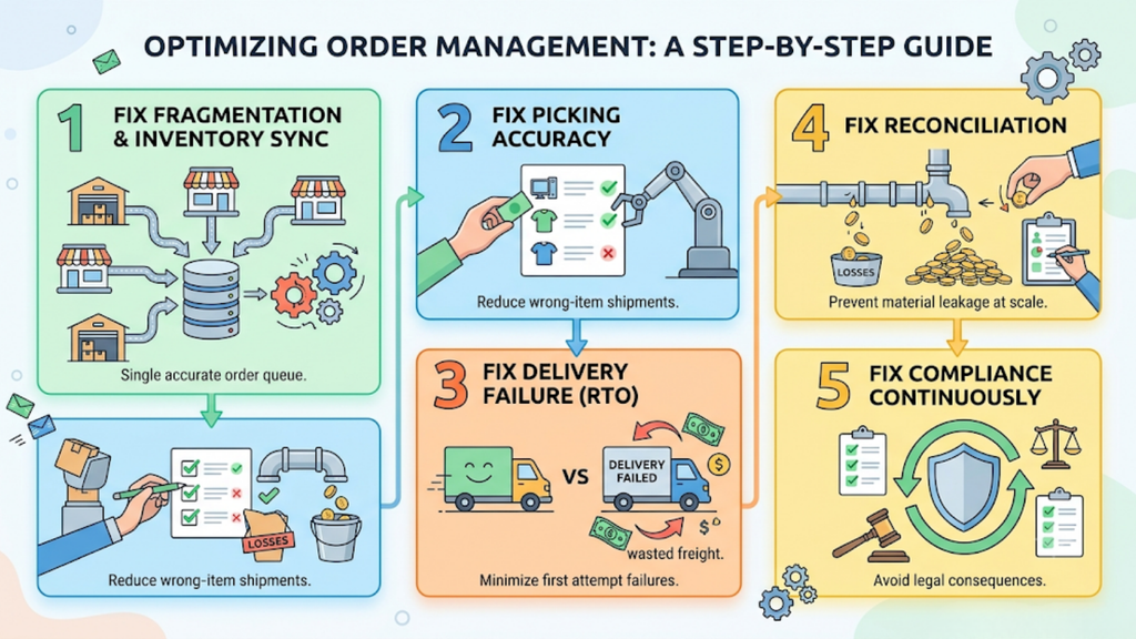 Six-step marketplace order management guide covering inventory synchronisation, picking accuracy, delivery performance, financial reconciliation, and compliance.