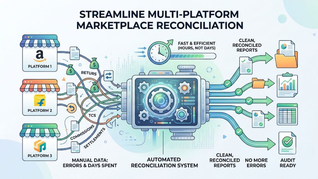 Illustration of multiple marketplace data sources feeding into a central reconciliation system to simplify financial reporting and reduce manual errors.