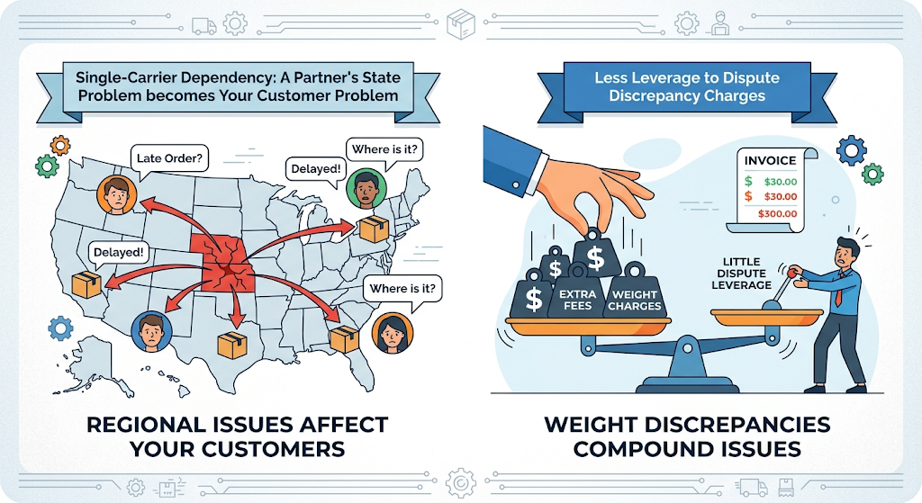 Illustration of regional courier service problems and shipment weight discrepancies, highlighting the importance of comparing delivery performance and freight charges.