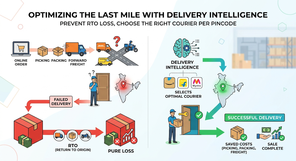 Ecommerce delivery workflow showing courier allocation, delivery attempts, NDR resolution, and return-to-origin costs.