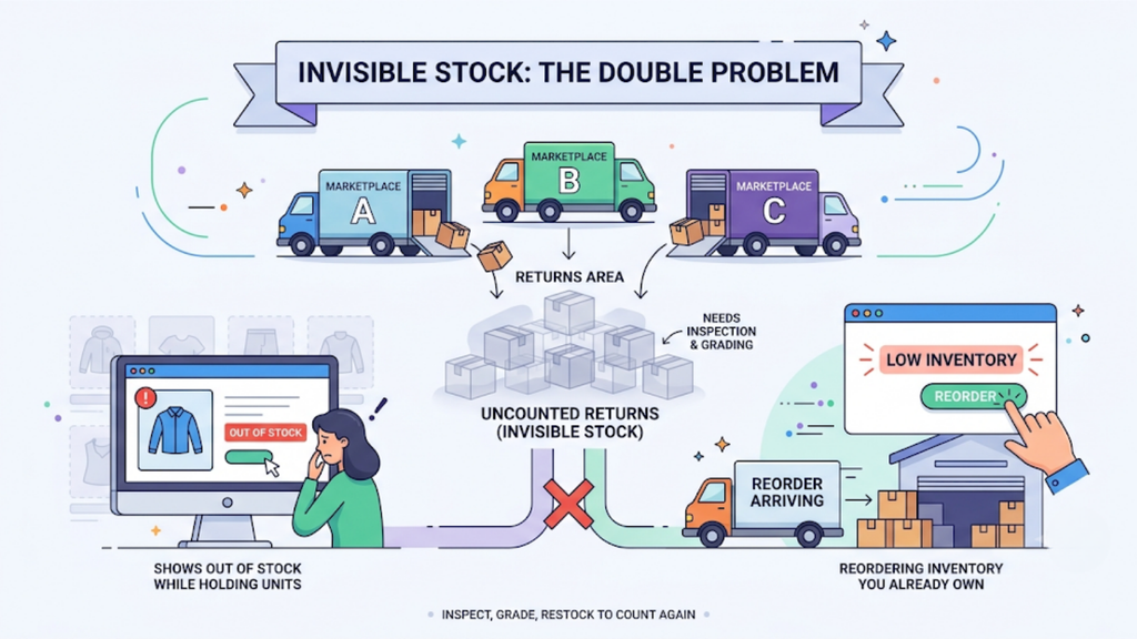 Reverse logistics workflow illustrating how returned marketplace products are collected, inspected, restocked, and made available for sale again.