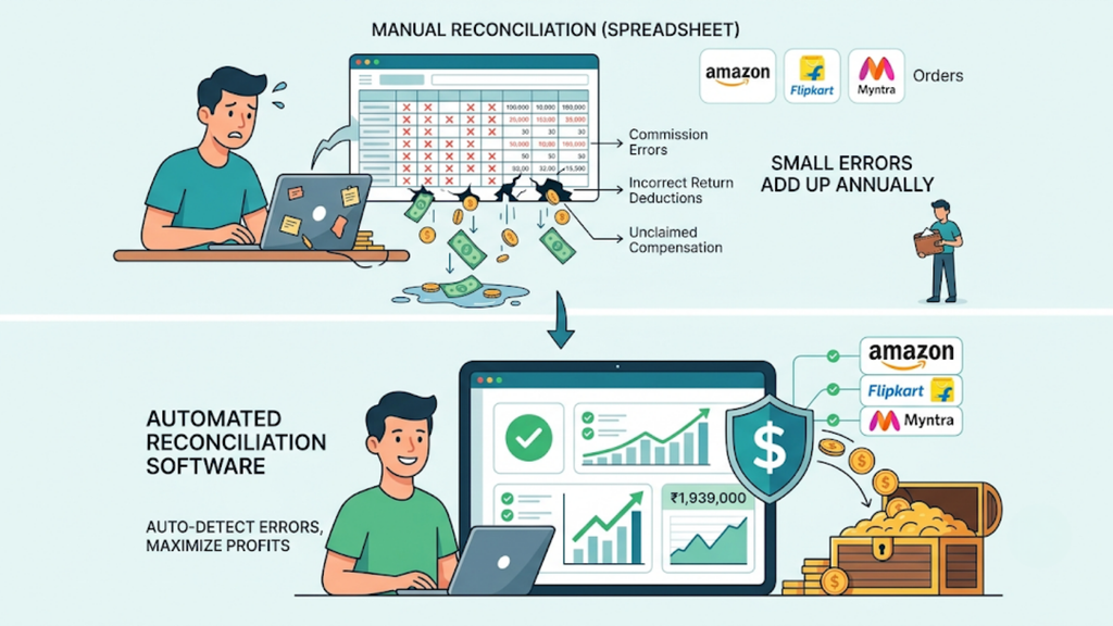 Comparison of manual spreadsheet-based settlement checks with automated marketplace reconciliation to identify payment discrepancies and recover missed deductions.