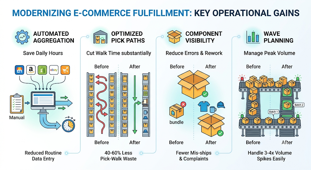 Modern ecommerce fulfilment framework showing automated order aggregation, optimized pick paths, component picking, and wave planning
