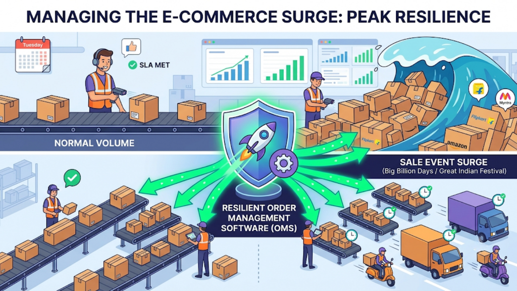Illustration of ecommerce operations scaling during major marketplace sales, with warehouse teams managing increased order volumes and tight dispatch deadlines.