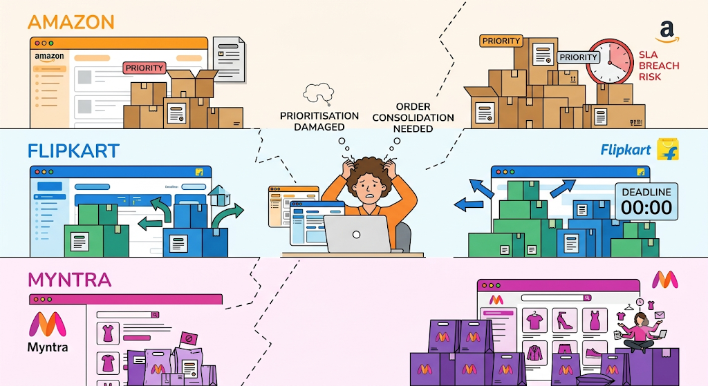 Illustration of orders and fulfilment workflows spread across Amazon, Flipkart, and Myntra, highlighting the challenges of managing multiple seller panels.