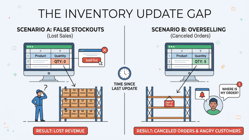 Inventory update gap showing how outdated stock records cause false stockouts and overselling, leading to lost revenue and cancelled orders.
