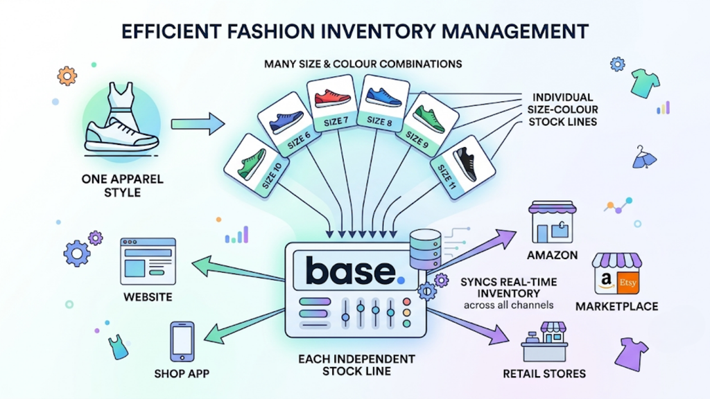 Fashion inventory management system tracking individual size and colour combinations while synchronising stock across websites, marketplaces, apps, and retail stores.