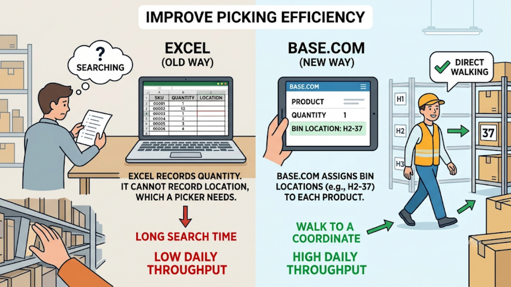 Excel versus Base.com warehouse picking workflow, comparing manual stock searches with bin-location tracking that helps staff find products faster.