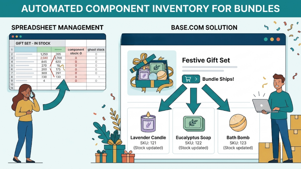 Automated bundle inventory management showing how selling a gift set deducts stock from each individual component to keep inventory quantities accurate.