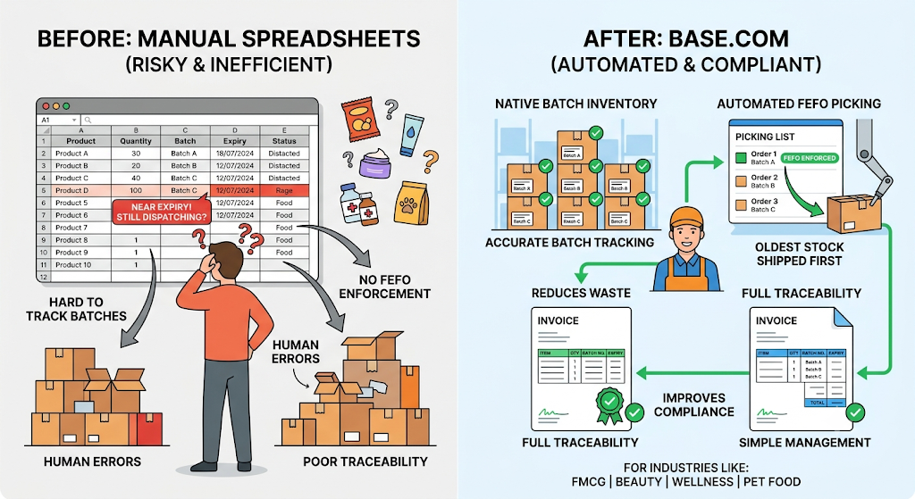 Comparison of manual spreadsheet inventory management with an automated system using barcode tracking, accurate stock records, guided picking, and traceability.