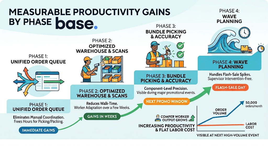 Measurable warehouse productivity gains showing improvements from unified order queues, optimized warehouse scans, bundle picking, and wave planning