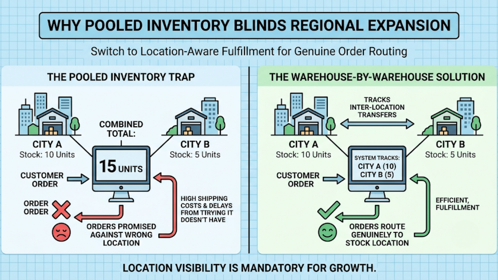Pooled inventory comparison showing how a combined stock total can misroute orders between cities, while location-aware inventory supports accurate fulfilment.