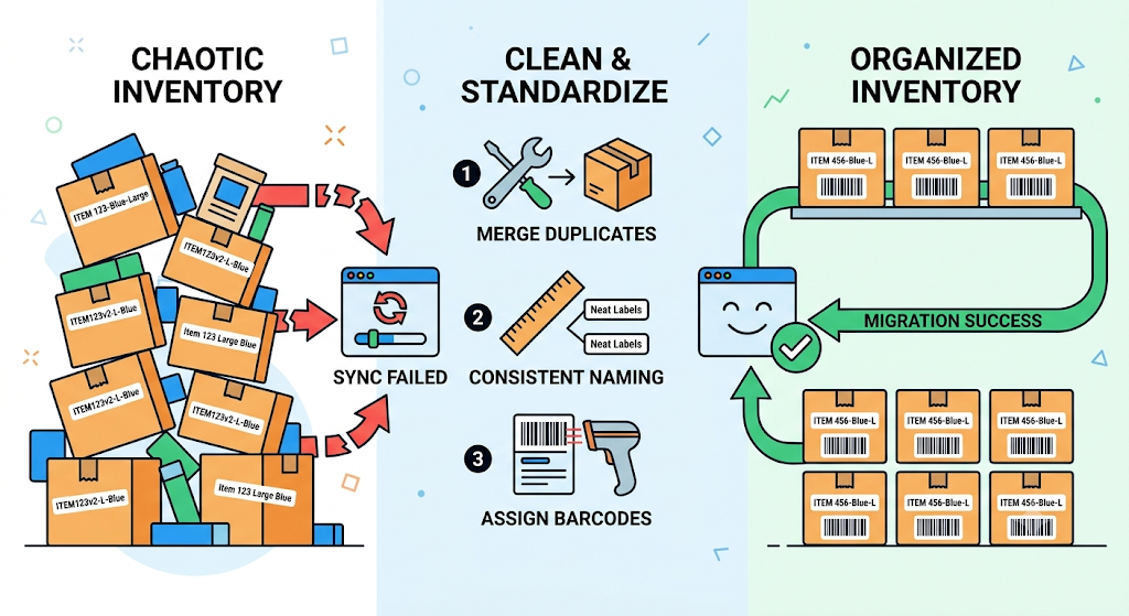 SKU data preparation workflow showing duplicate removal, stock synchronisation checks, consistent naming, barcode assignment, and organised inventory records before migration.
