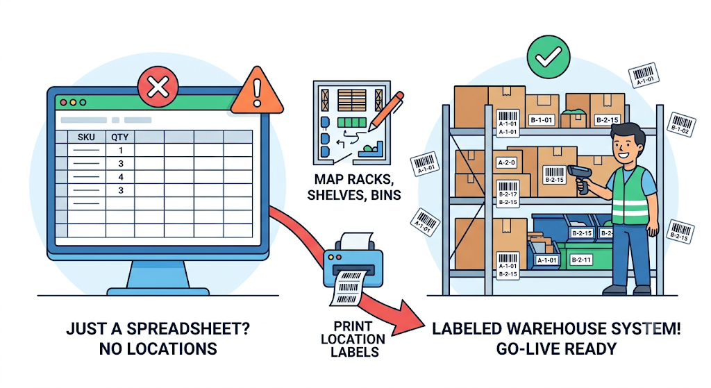 Warehouse migration comparison showing why a spreadsheet without physical locations is less useful than a warehouse system with mapped racks, shelves, and printed bin labels.