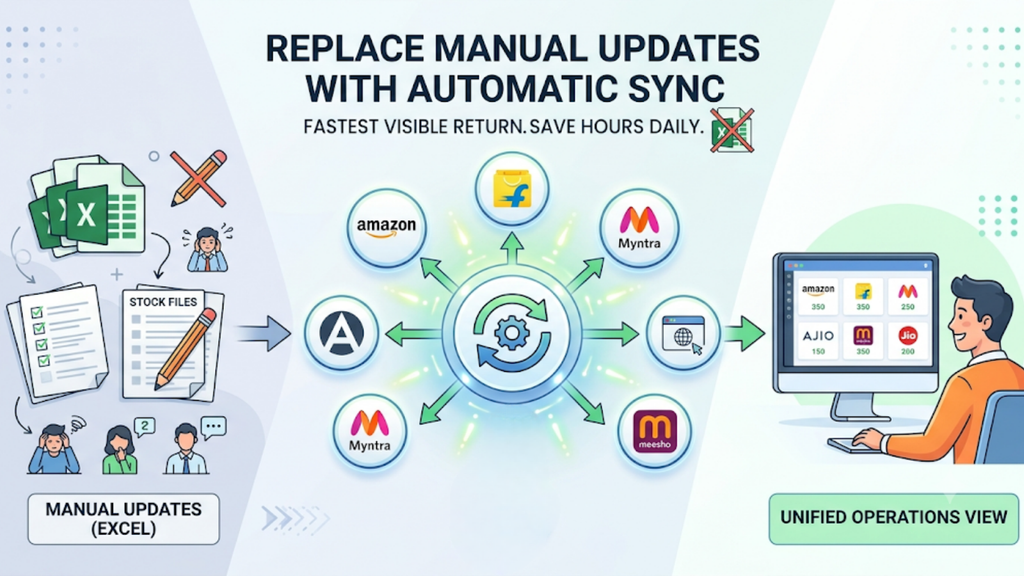 Ecommerce inventory synchronisation process connecting multiple marketplaces to a central system so stock levels update automatically instead of requiring manual spreadsheet changes.