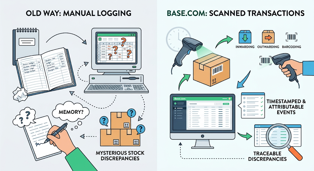 Manual inventory logging compared with barcode-scanned transactions that record stock movements, timestamps, and accountability to help trace discrepancies.