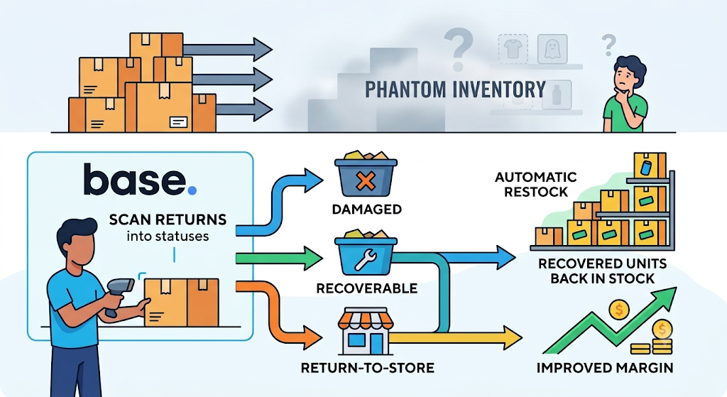 Returns management workflow showing returned products scanned and classified as damaged, recoverable, or return-to-store, with eligible items automatically returned to sellable stock.