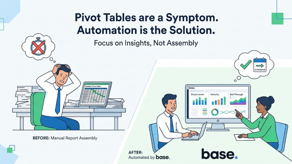 Manual pivot table reporting compared with automated inventory reports that help teams review stock levels and performance instead of assembling spreadsheets.
