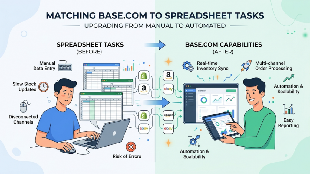 Base.com inventory capabilities mapped to spreadsheet tasks, including real-time inventory sync, multi-channel order processing, warehouse picking, automation, and reporting.