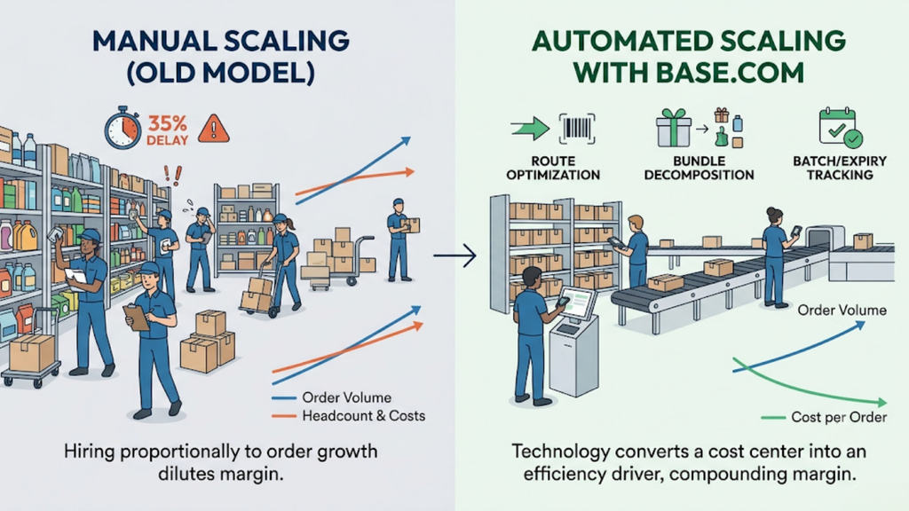 Manual scaling versus automated scaling with Base.com showing how technology supports higher order volumes without proportional headcount growth