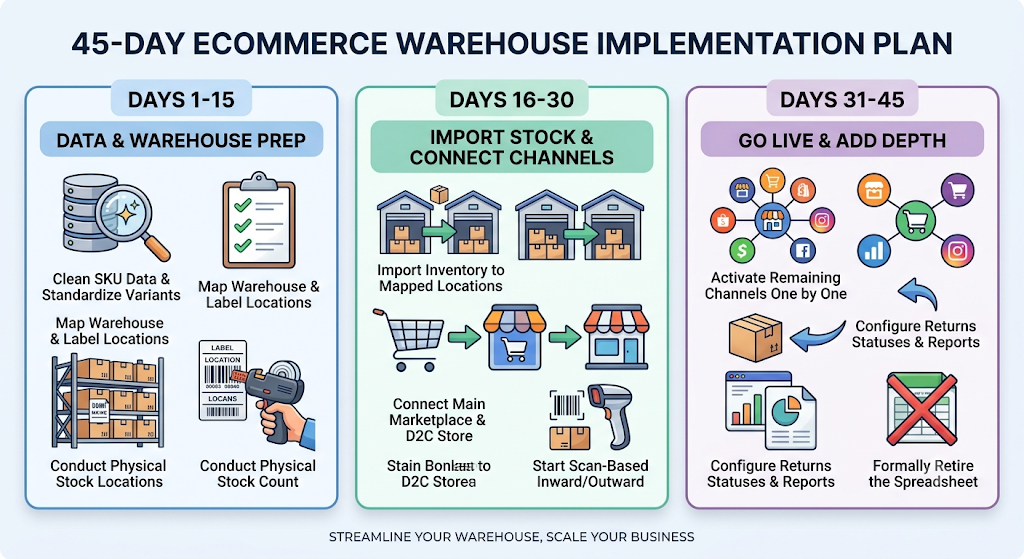 45-day ecommerce warehouse implementation plan covering data preparation and warehouse mapping, inventory import and channel connections, and final automation and go-live.