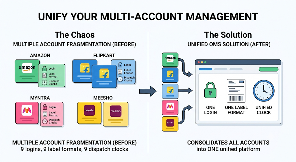 Infographic showing how multiple marketplace seller accounts can be consolidated into one order management system.