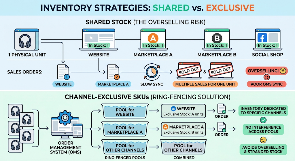 Diagram comparing shared and channel-exclusive inventory, showing how stock availability is managed across different sales channels. 