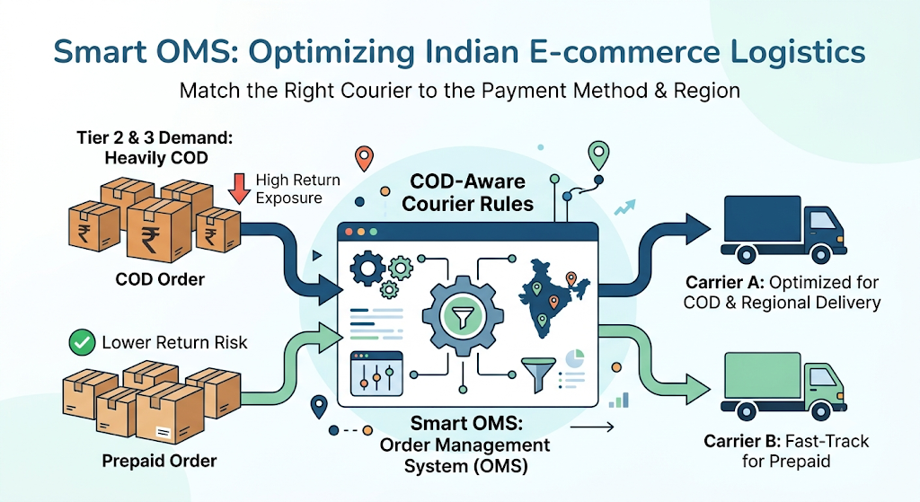 Ecommerce logistics workflow showing how cash-on-delivery orders, courier selection, delivery tracking, and returns affect fulfilment.