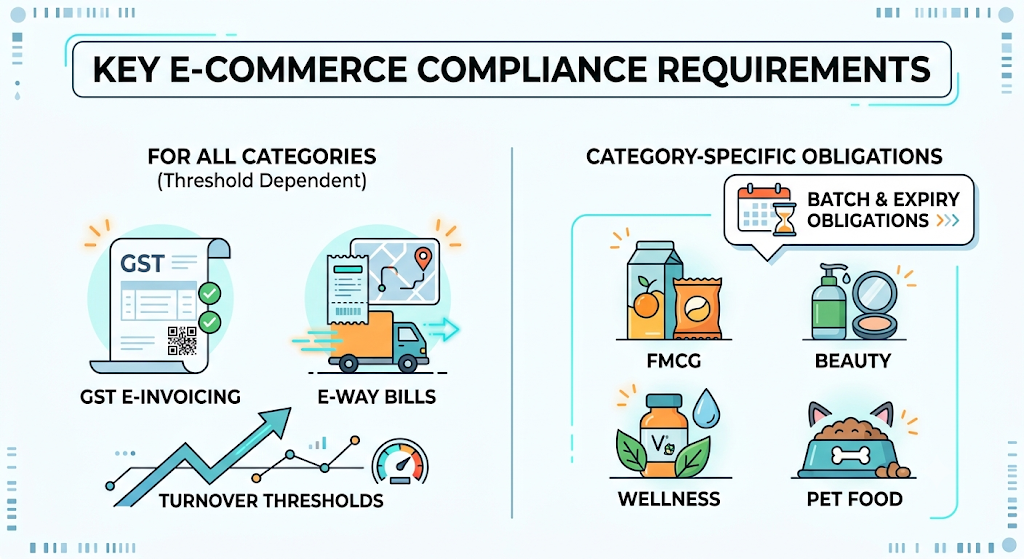 Comparison of product compliance requirements, including batch tracking, expiry management, and documentation for different product categories.