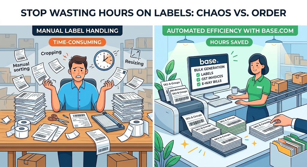 Comparison of manual label handling with bulk generation of shipping labels, GST invoices, and e-way bills.