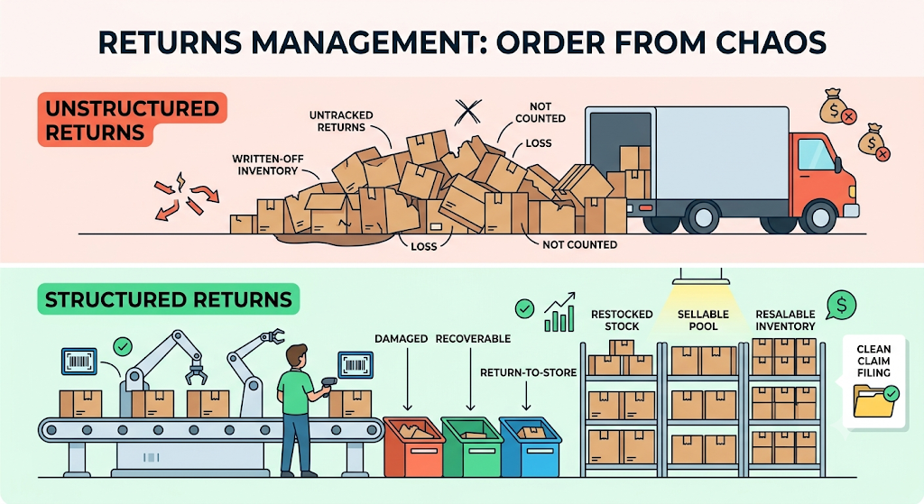 Warehouse stock management with storage racks and inventory, showing the importance of location-based stock visibility and order routing.