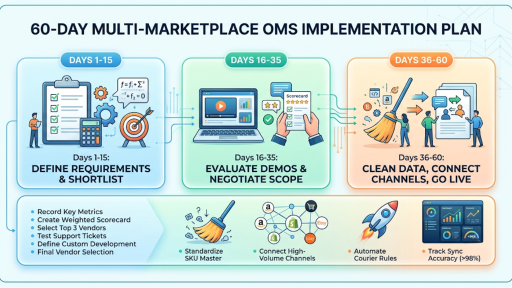 60-day order management system selection and rollout plan covering requirements, vendor evaluation, data preparation, channel integration, and go-live.