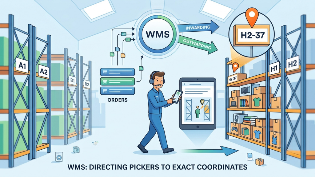 WMS directing warehouse pickers to exact bin coordinates for faster and more accurate inventory retrieval